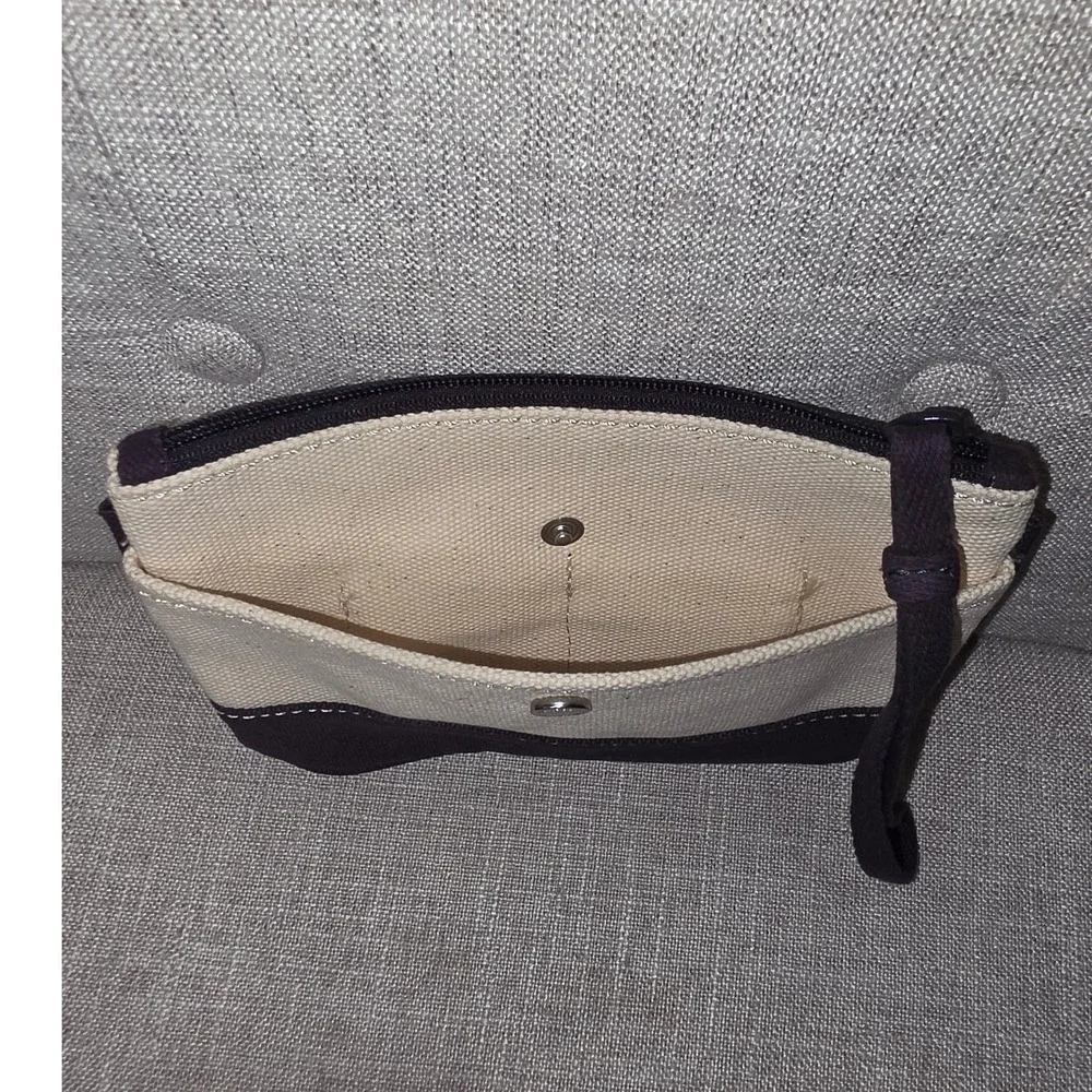 Lands End Canvas Wristlet Pouch Navy Blue Cream Zippered Clutch Bag RN 62830